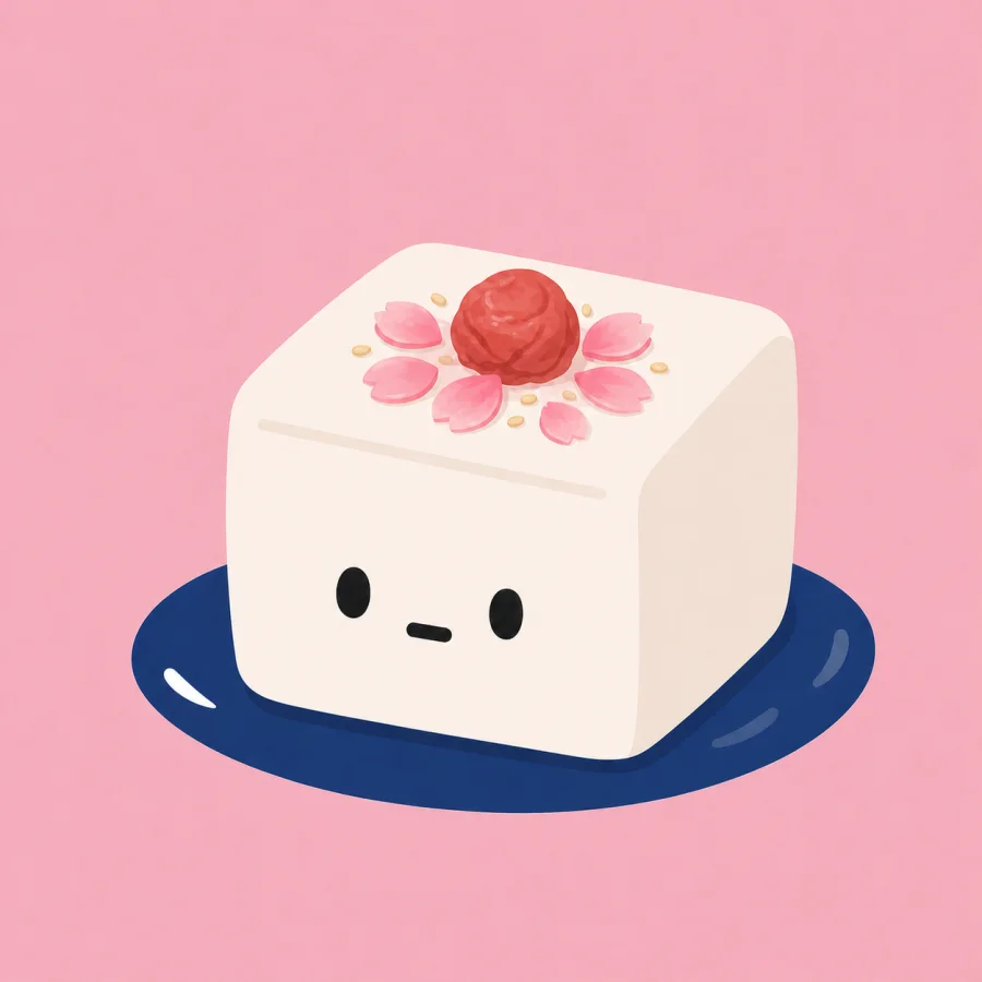 A cute tofu character on a navy plate with nori and scallions.