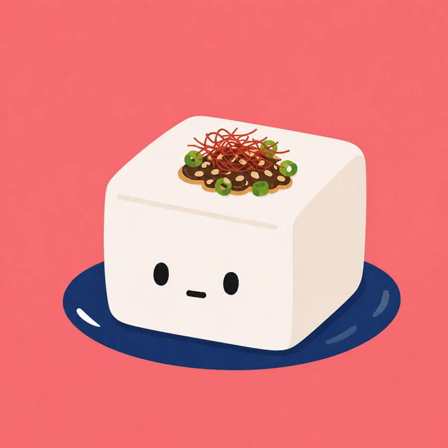 A cute tofu character on a navy plate with mala spice and scallions.
